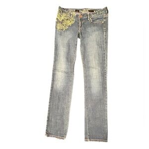 X2 W01 Zelda Live + Love Skinny Jeans Low Rise Gold Embroidery Size 2 Frayed Hem